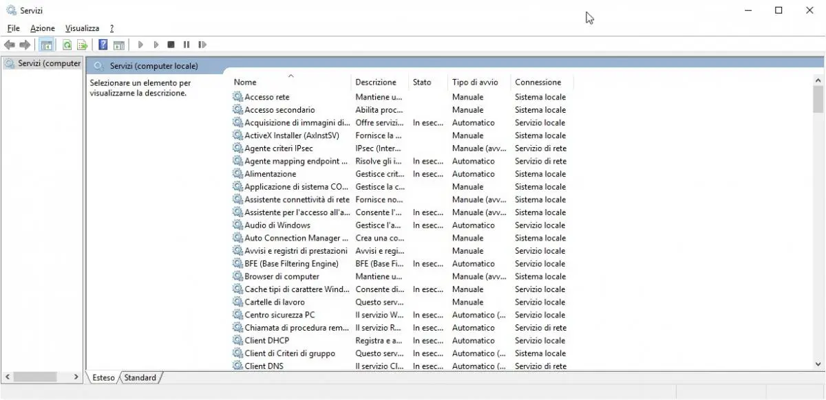 Riavviare servizio Windows Update - la finestra Servizi