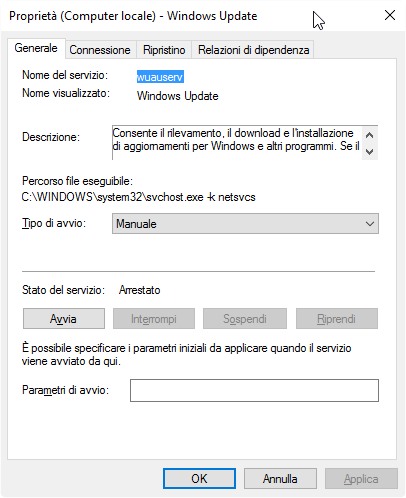 Riavviare servizio Windows Update - Interrompere e avviare