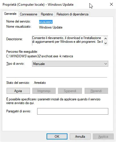 Riavviare servizio Windows Update - Interrompere e avviare
