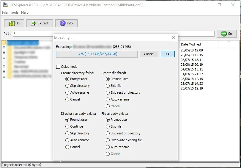 Estrazione da HFS a Windows in corso