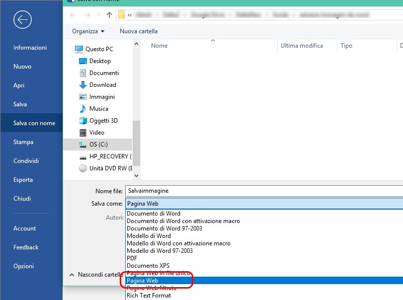 Estrarre immagini da Word Salva come pagina Web