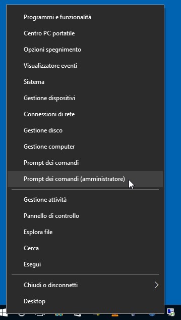 Il menu di Windows 10 per accedere al Pannello di Controllo