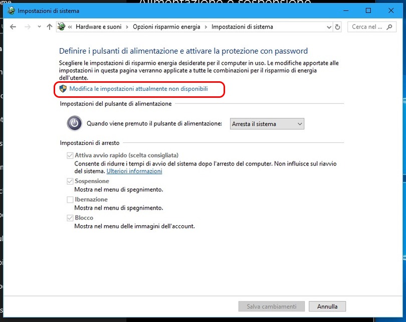 Windows 10 non si spegne impostazioni non disponibili
