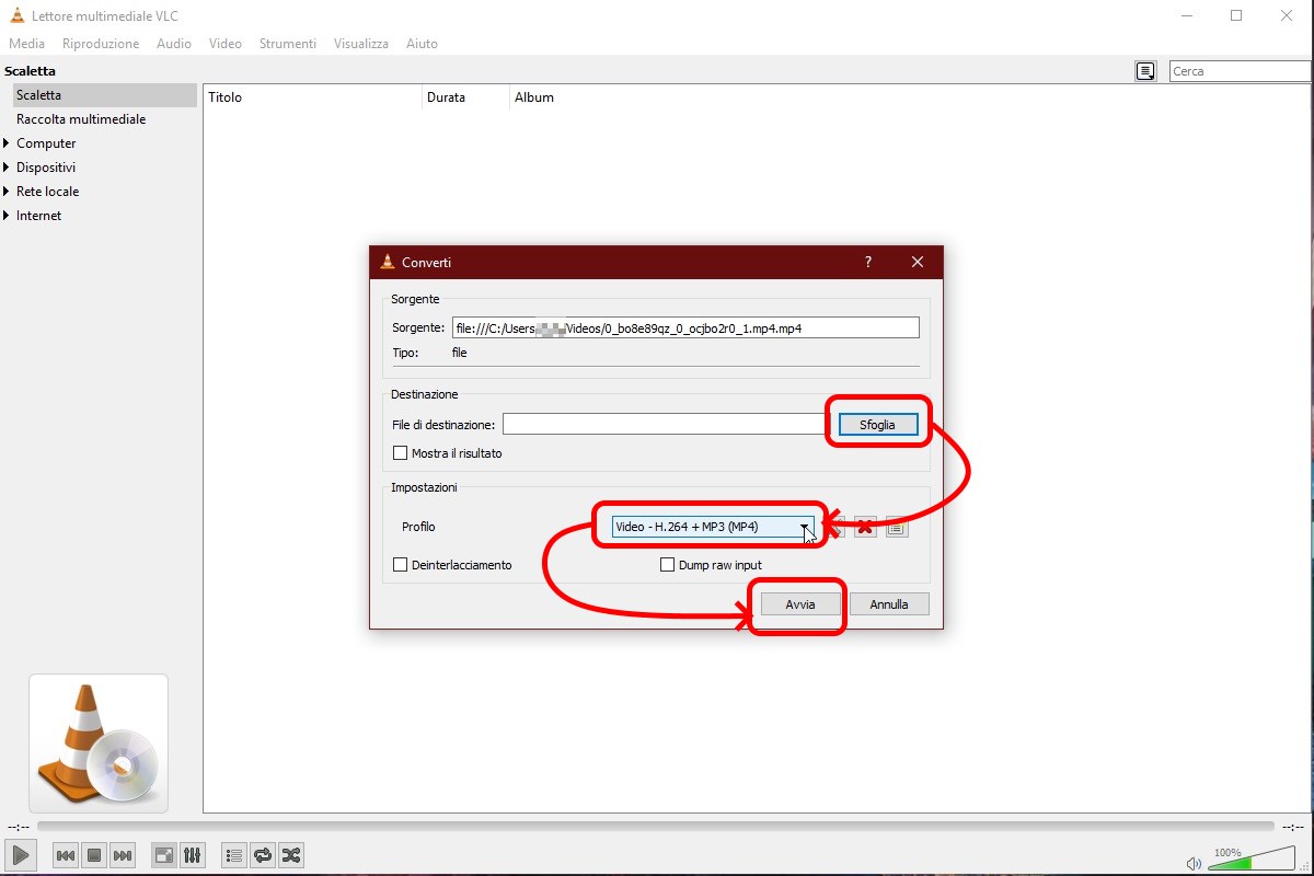 riparare video corrotto VLC avvia conversione