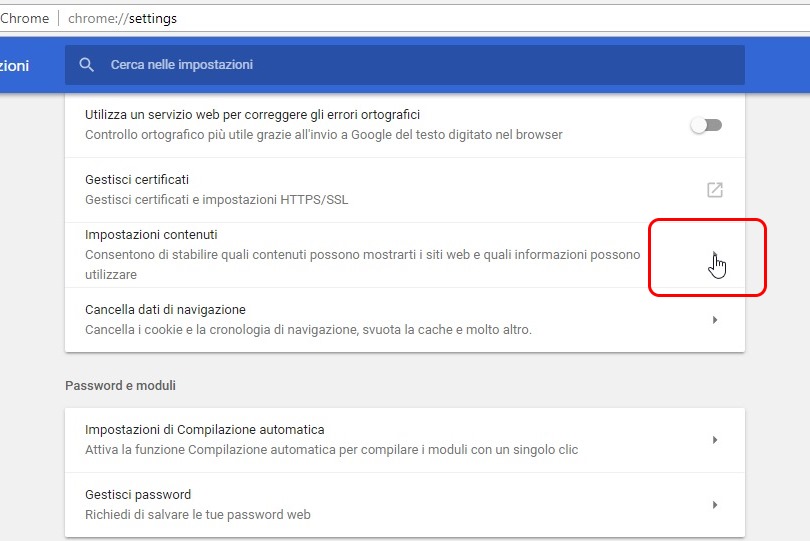 aprire file PDF chrome impostazioni contenuti