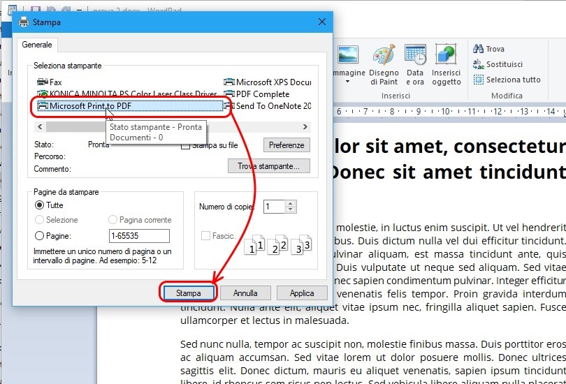 come convertire un file Word in PDF print to pdf scelta stampante