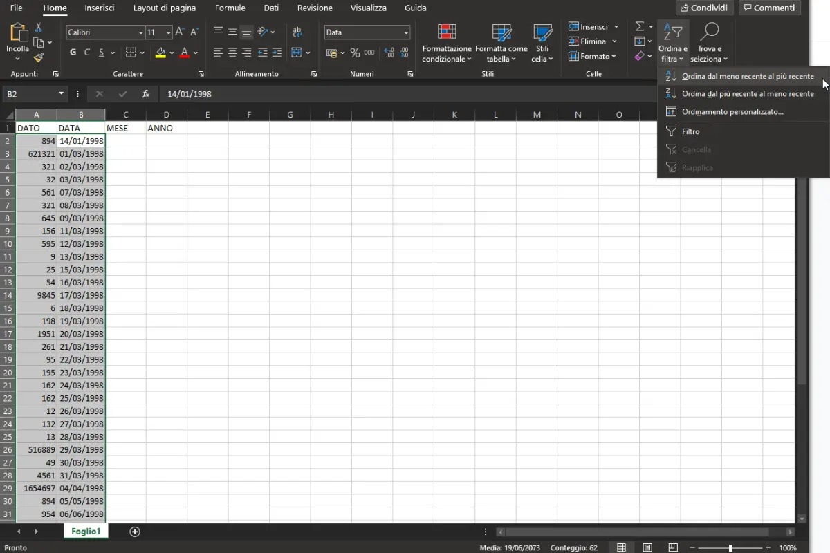 Come ordinare per data in Excel