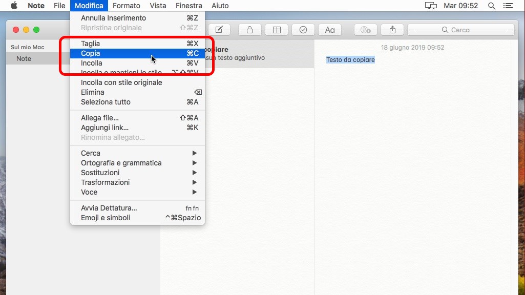 Copia incolla mac menu modifica