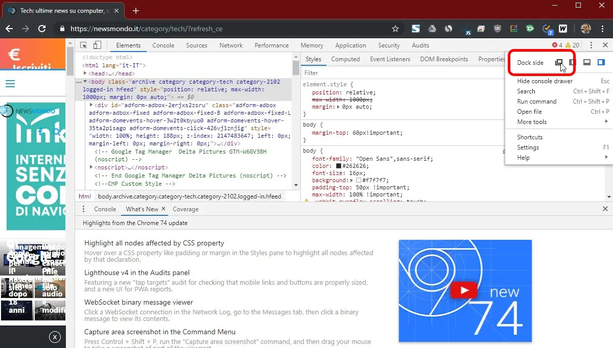 Screenshot Chrome dock separato