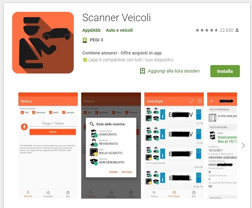 Visura targa gratis scanner veicoli Android