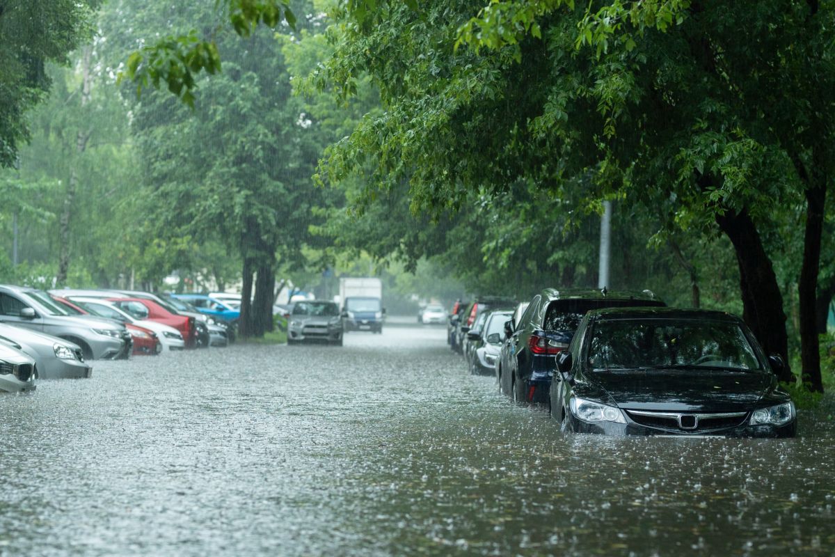 alluvione, strada allagata, auto parcheggiate