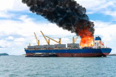 nave cargo in fiamme