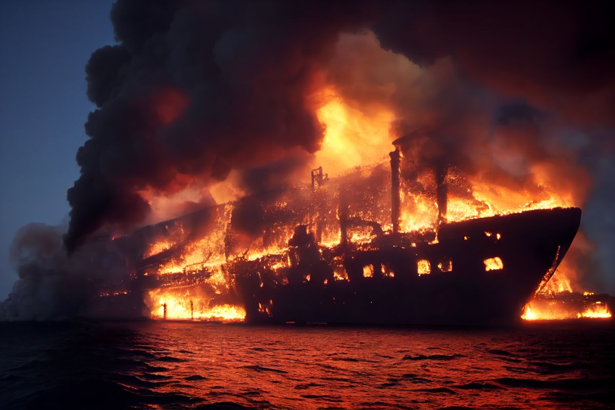 nave cargo in fiamme