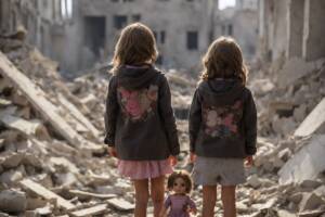 Bambine tra le macerie durante la guerra