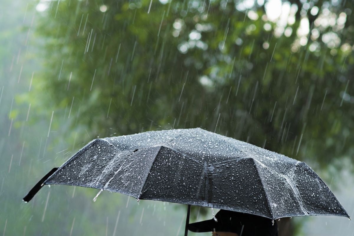 Pioggia con ombrello sotto il cielo grigio