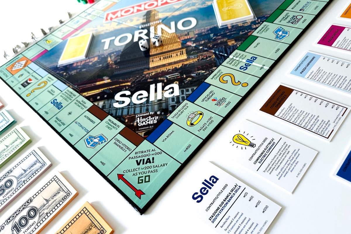 Tabellone del gioco Monopoly customizzato per la città di Torino. con le carte delle proprietà e i soldi personalizzati