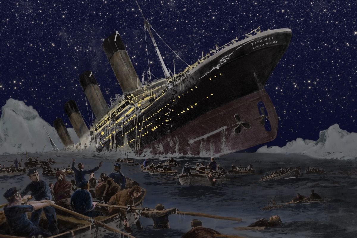 un dipinto del Titanic mentre affonda
