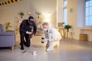 un membro della polizia con uno della scientifica prendono delle prove