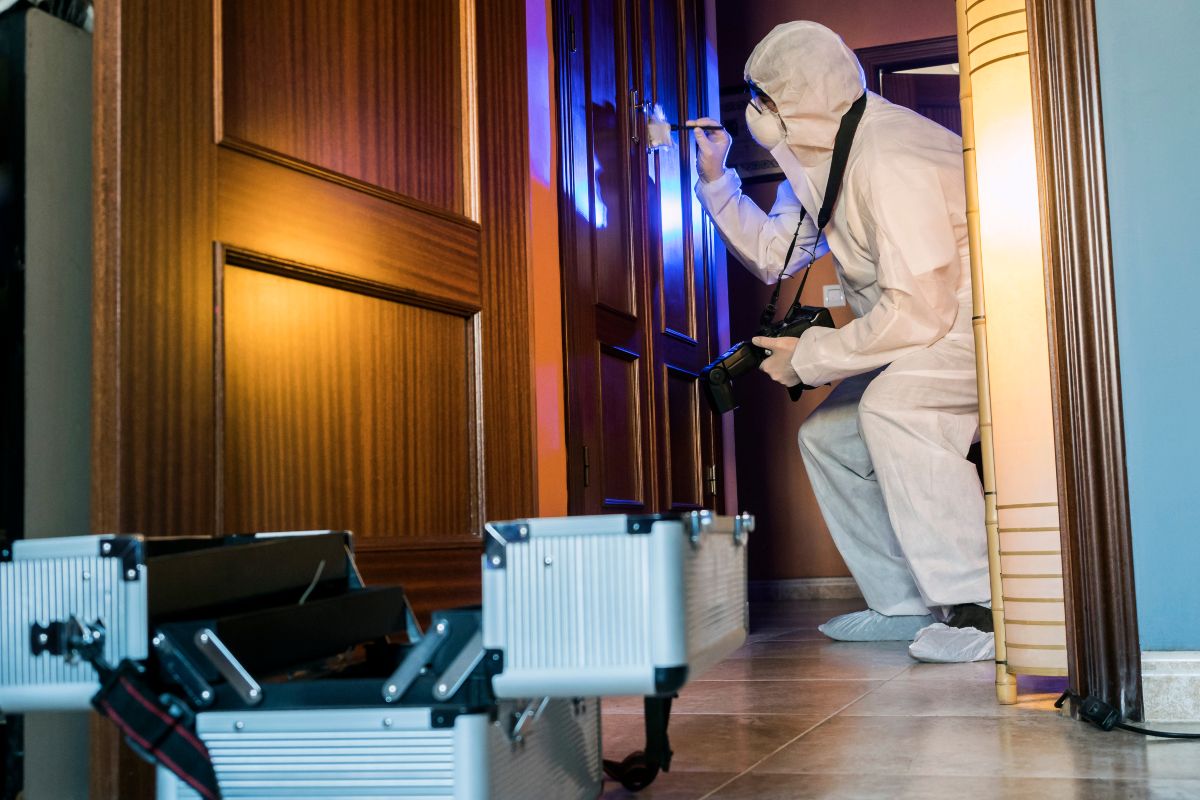 un uomo della polizia scientifica analizza la scena del crimine