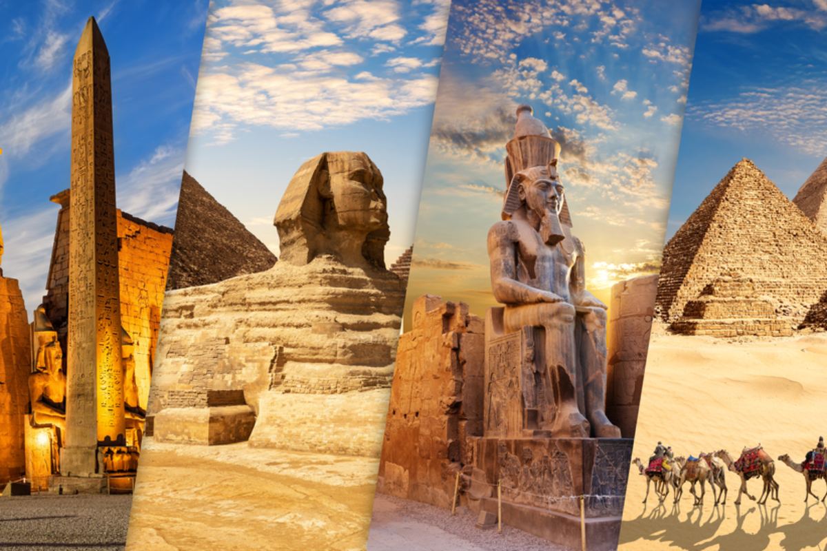Collage egiziano: composizione di immagini che unisce i templi di Luxor e le piramidi di Giza.