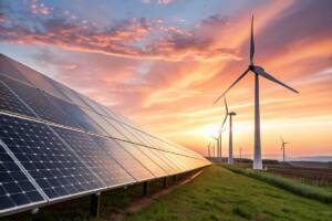 Energie rinnovabili: pannelli solari e turbine eoliche.