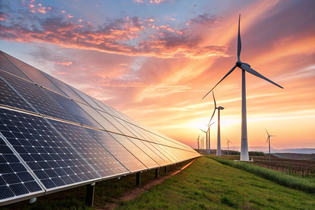 Energie rinnovabili: pannelli solari e turbine eoliche.