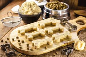 Snack per cani a forma di osso preparati in casa.