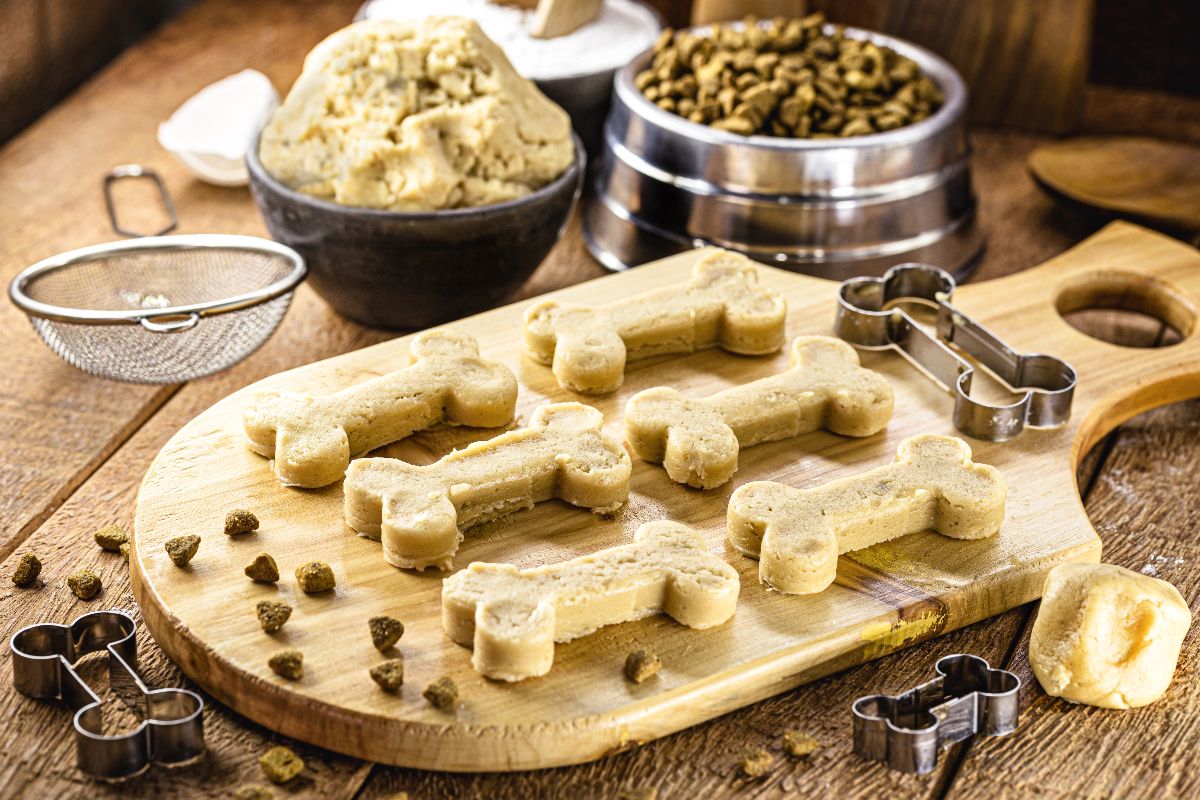 Snack per cani a forma di osso preparati in casa.