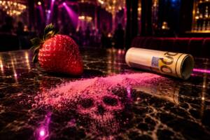 Bancone di un club di lusso con sopra una striscia di cocaina rosa.