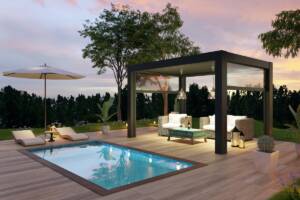Arredamento da esterno nel giardino con piscina.