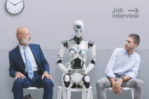 Sala d'attesa colloquio di lavoro, due umani e un robot seduti.