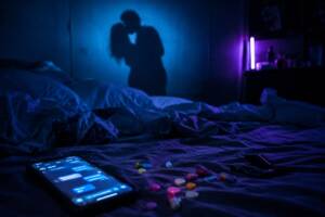 Letto sfatto in una stanza buia con luci neon blu. In primo piano pillole colorate e uno smartphone acceso; sullo sfondo l'ombra di una coppia in un abbraccio.