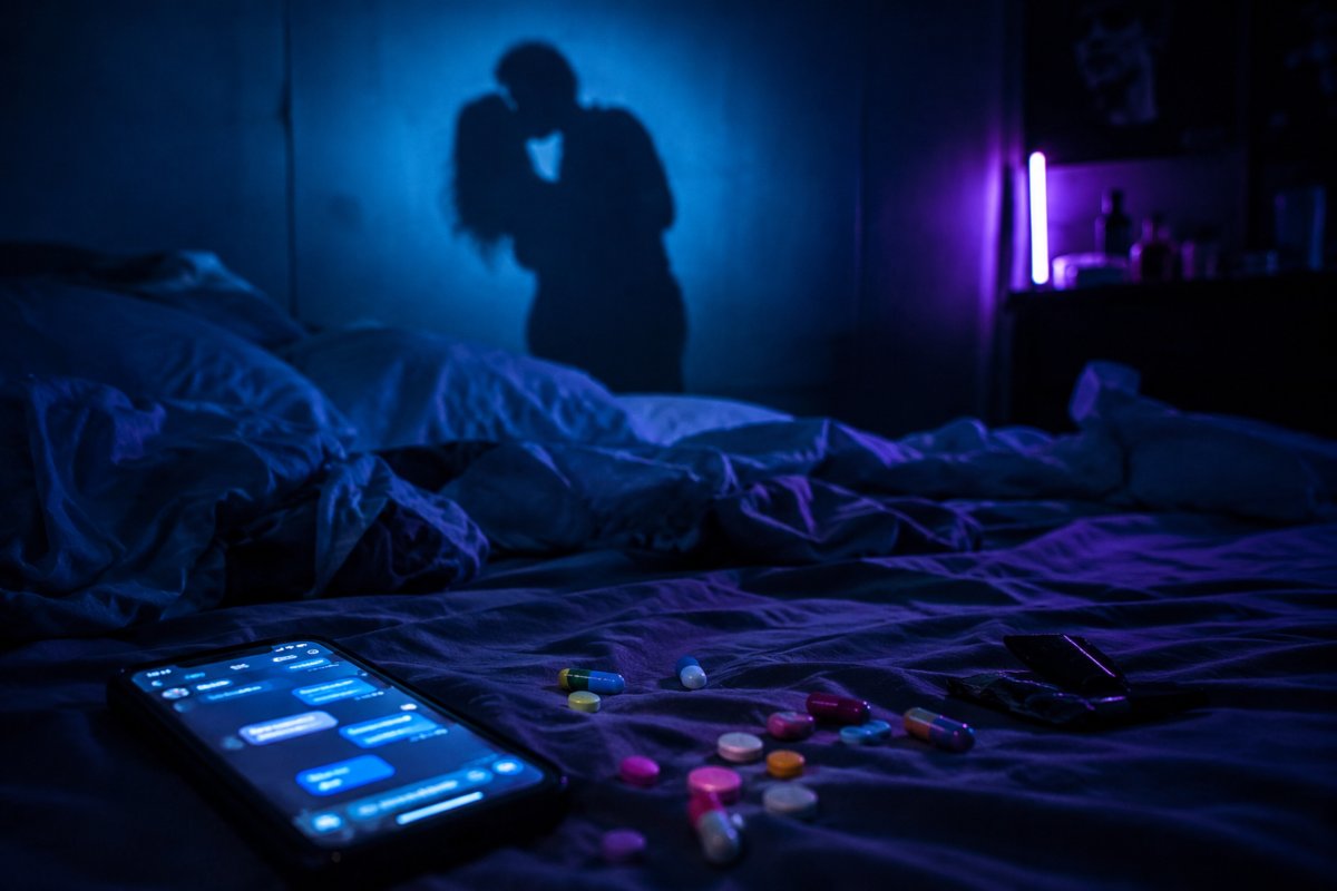 Letto sfatto in una stanza buia con luci neon blu. In primo piano pillole colorate e uno smartphone acceso; sullo sfondo l'ombra di una coppia in un abbraccio.