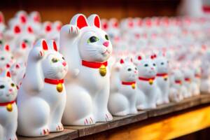 Gatti Maneki Neko su un tavolo.