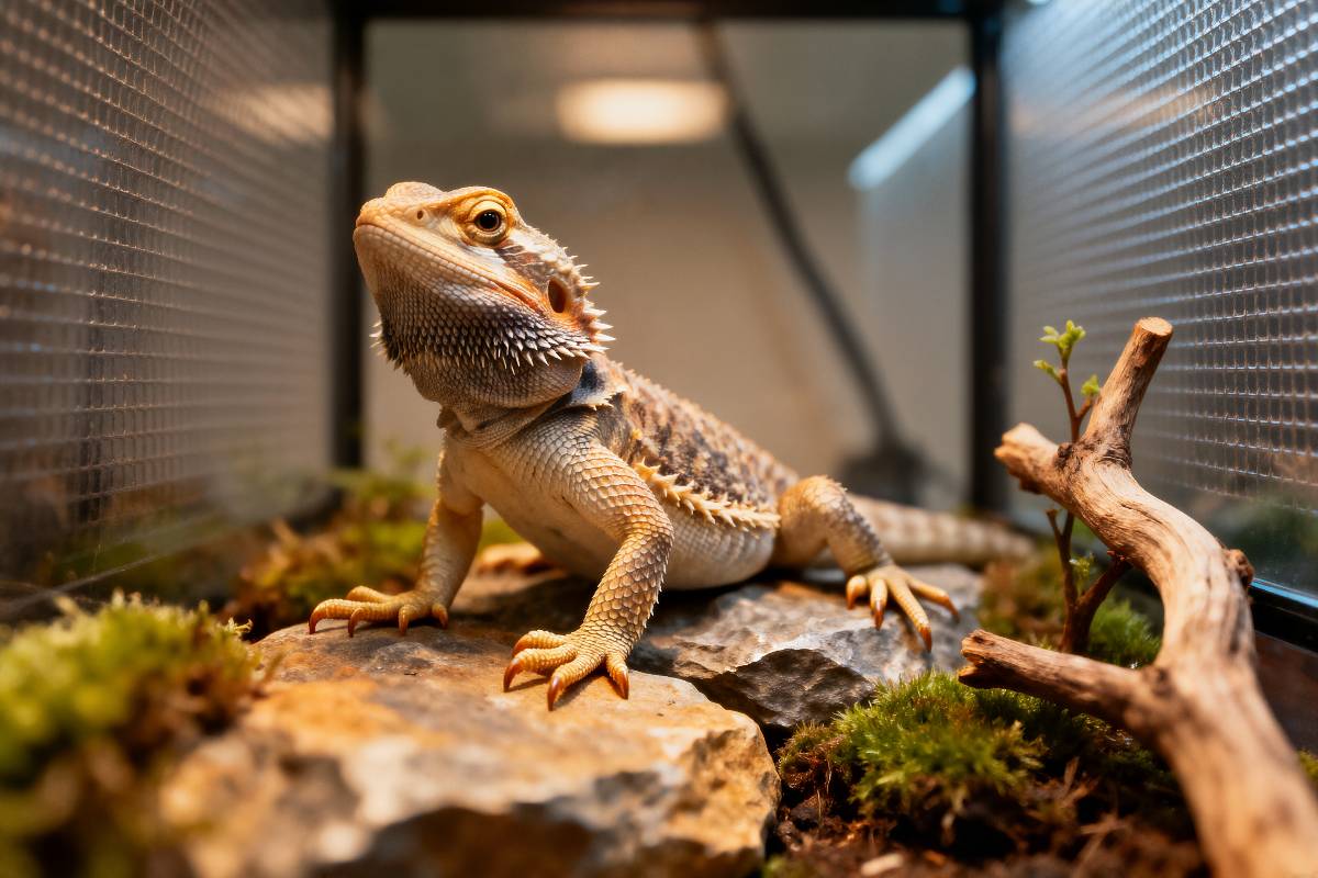 Un esemplare di pogona, o drago barbuto, all'interno del suo vivarium.