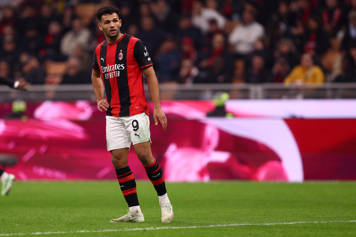 l'attaccante portoghese del Milan Goncalo Ramos con la maglia numero 9 durante la sfida contro il Bologna