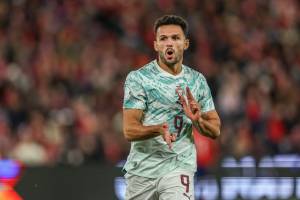 l'attaccante del Portogallo Goncalo Ramos che esulta dopo un gol