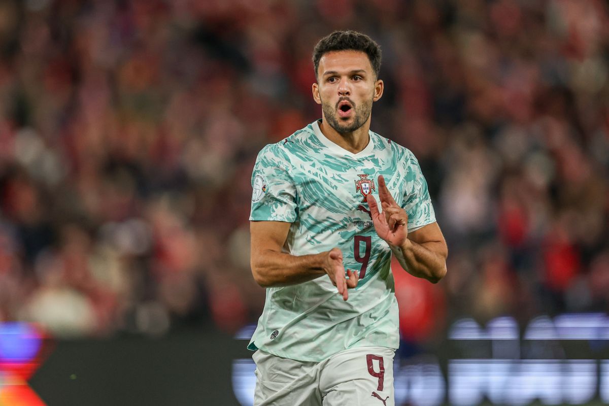 l'attaccante del Portogallo Goncalo Ramos che esulta dopo un gol