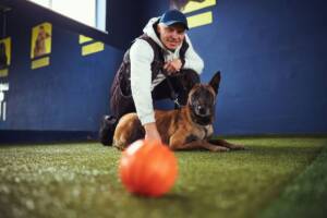 Addestratore con cane pastore tedesco.